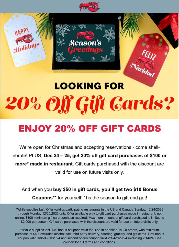 20% off gift cards at Red Lobster restaurants #redlobster