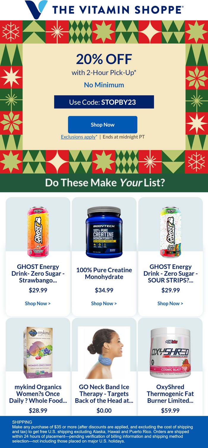 20% off with 2hr pickup today at The Vitamin Shoppe via promo code STOPBY23 #thevitaminshoppe
