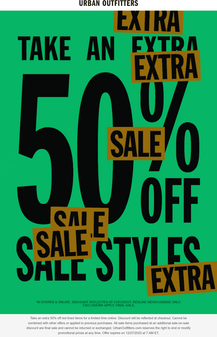 Urban Outfitters stores Coupon  Extra 50% off sale items online at Urban Outfitters #urbanoutfitters 