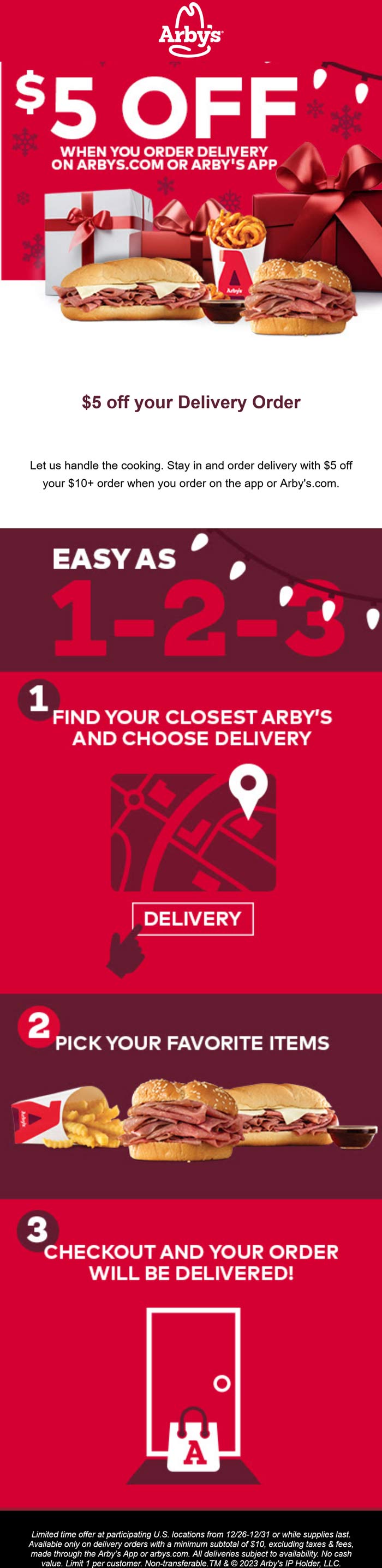 $5 off $10+ delivery orders at Arbys restaurants #arbys