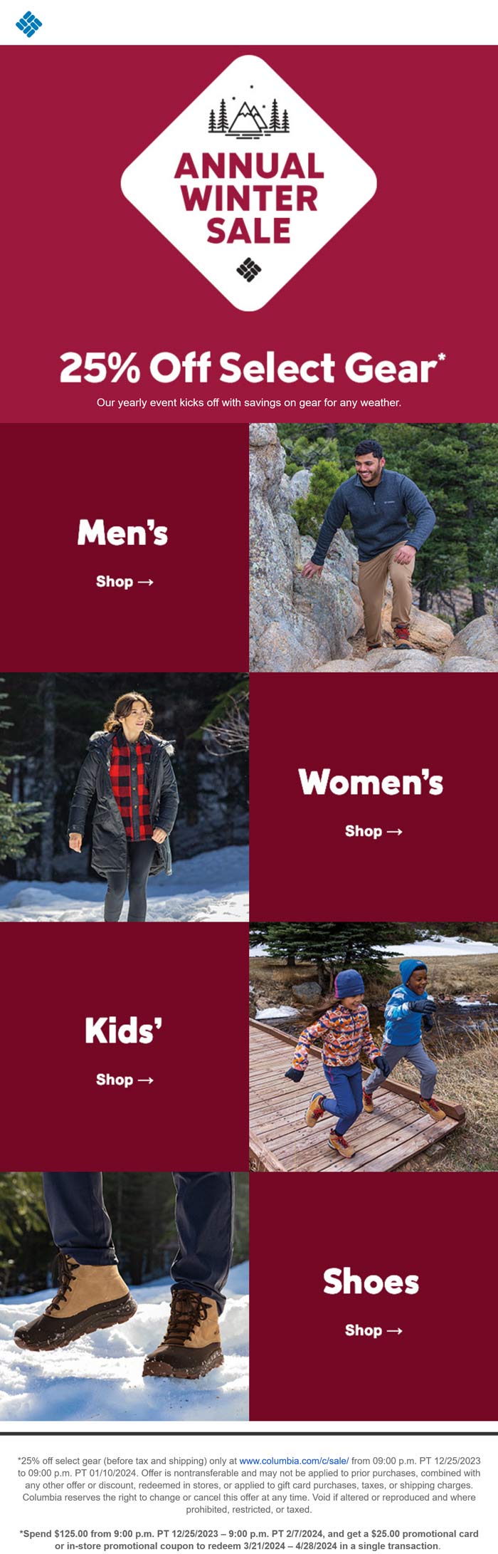 Columbia stores Coupon  25% off various gear + $25 card on $125 spent online at Columbia #columbia 