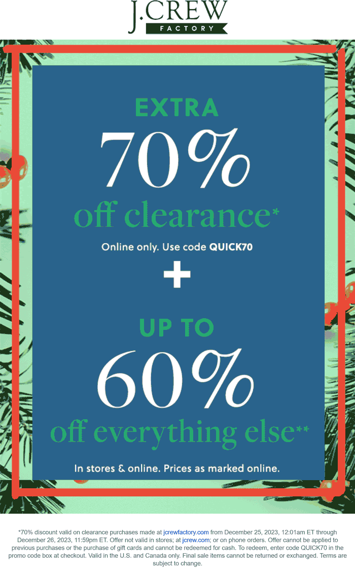 J.Crew Factory stores Coupon  Extra 70% off clearance online today at J.Crew Factory #jcrewfactory 