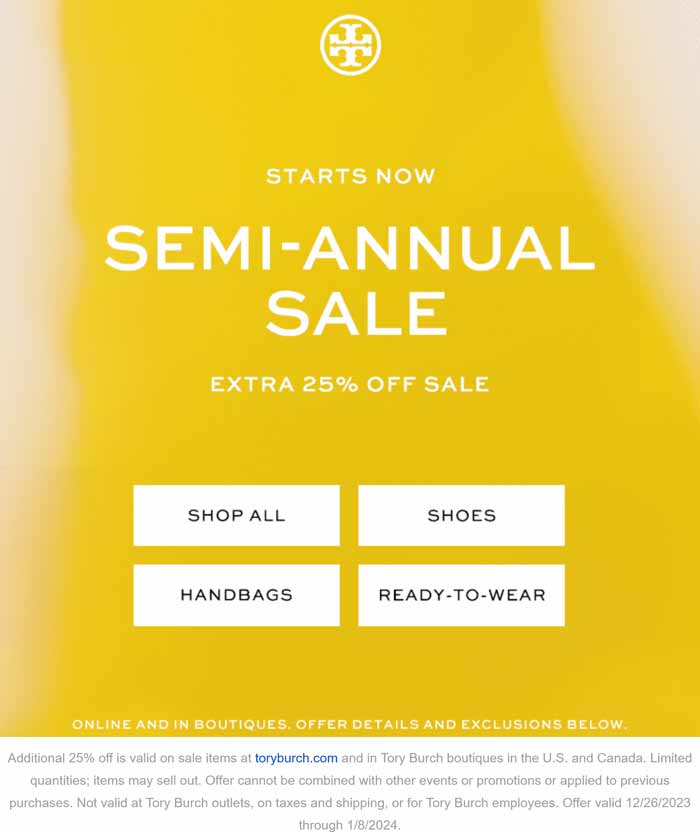 Extra 25% off sale items at Tory Burch, ditto online #toryburch