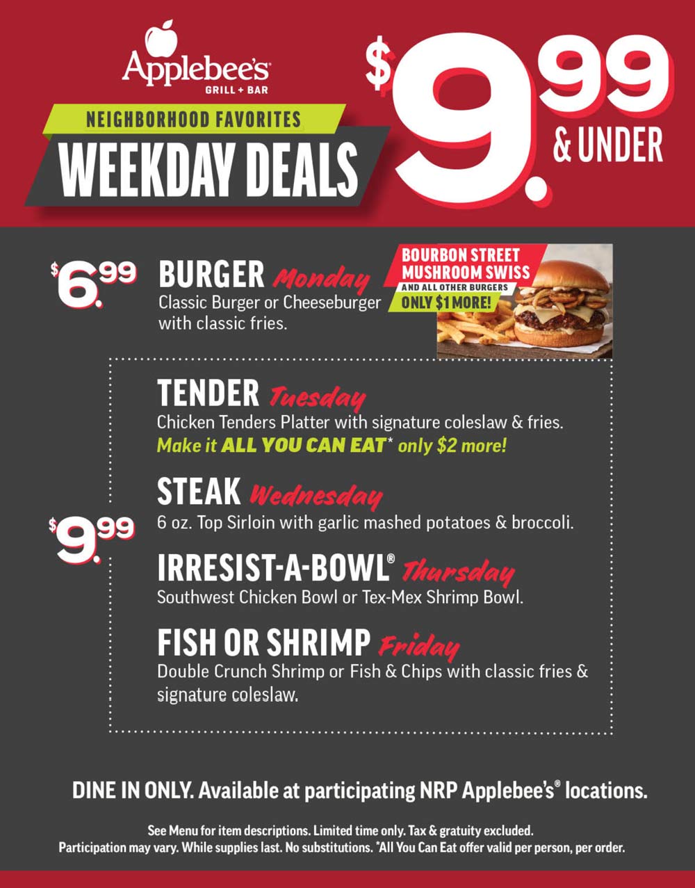 Weekday deals under $10 at Applebees restaurants #applebees