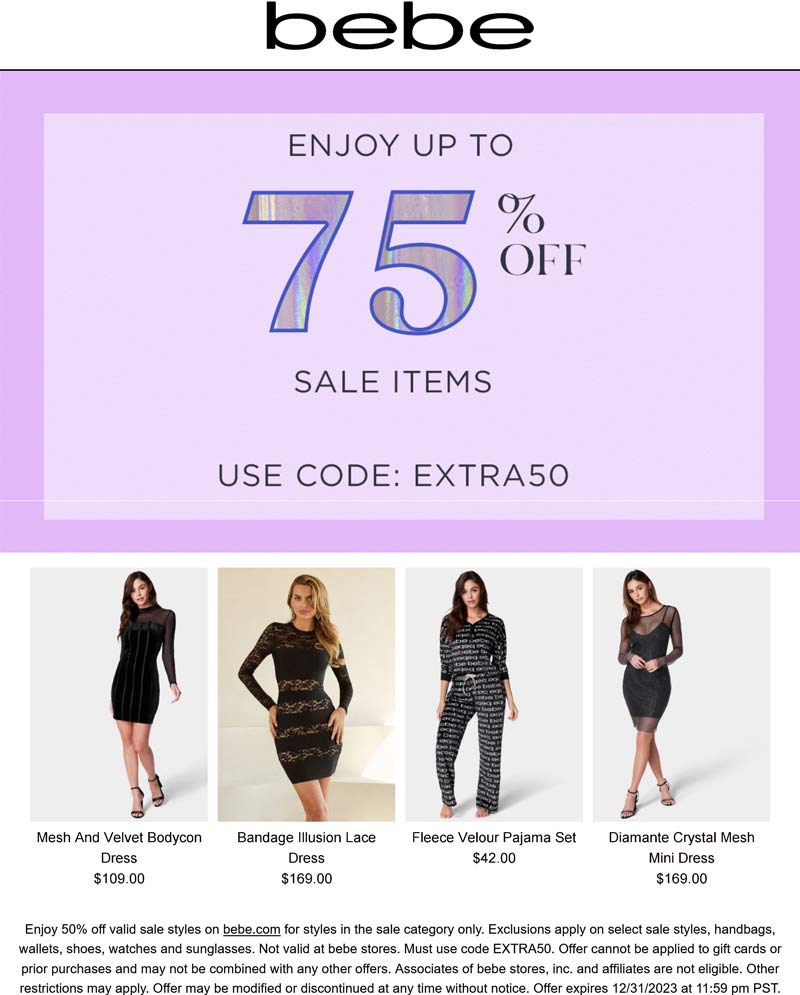bebe stores Coupon  Extra 50% off sale items at bebe via promo code EXTRA50 #bebe 