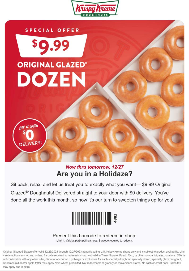 Krispy Kreme restaurants Coupon  $10 dozen doughnuts with free delivery today at Krispy Kreme #krispykreme 