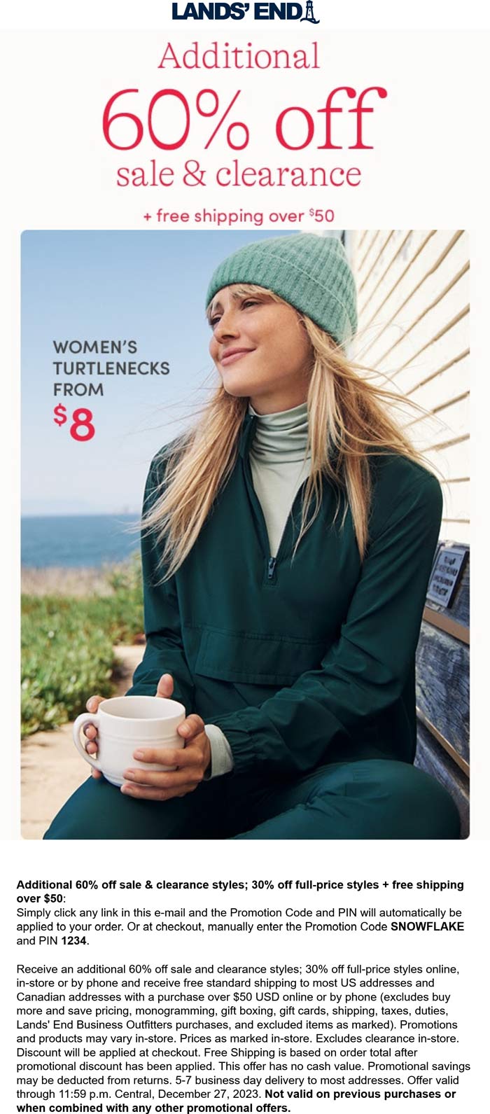 $8 turtlenecks + extra 60% off sale & clearance items today at Lands End via promo code SNOWFLAKE and pin 1234 #landsend