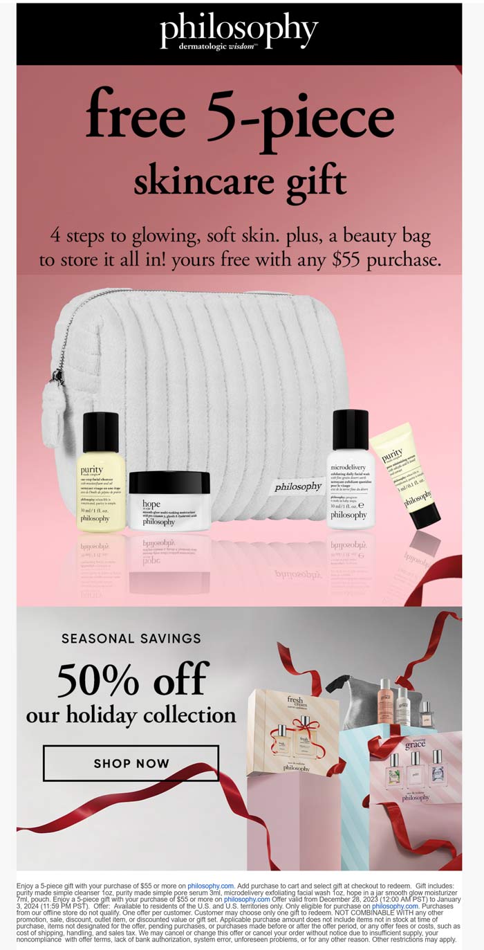 Philosophy stores Coupon  Free 5pc set on $55 online at Philosophy #philosophy 