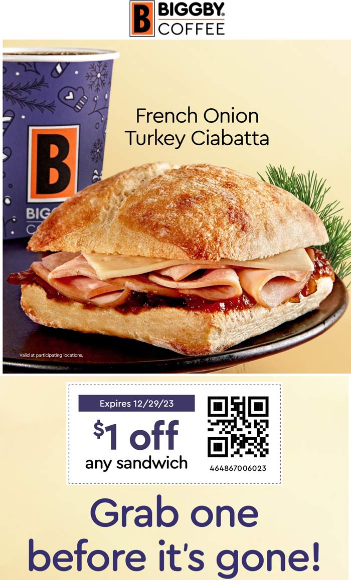 Biggby Coffee restaurants Coupon  $1 off any sandwich today at Biggby Coffee #biggbycoffee 