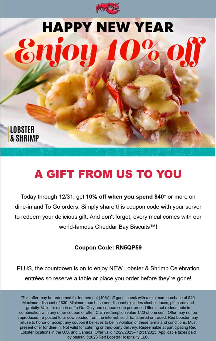 10% off at Red Lobster restaurants, or online via promo code RN5QP59 #redlobster