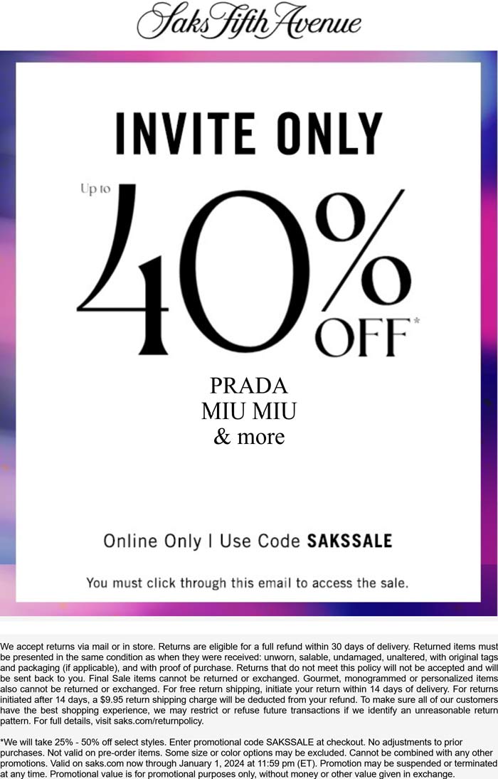 Saks Fifth Avenue stores Coupon  25-50% off online at Saks Fifth Avenue via promo code SAKSSALE #saksfifthavenue 