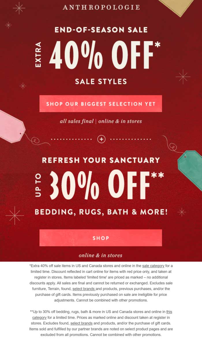 Anthropologie stores Coupon  Extra 40% off sale items at Anthropologie, ditto online #anthropologie 