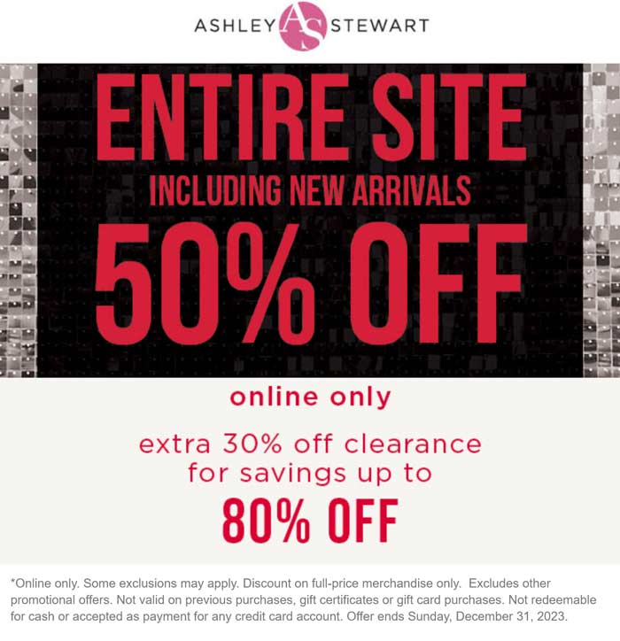50% off everything & extra 30% off clearance online today at Ashley Stewart #ashleystewart