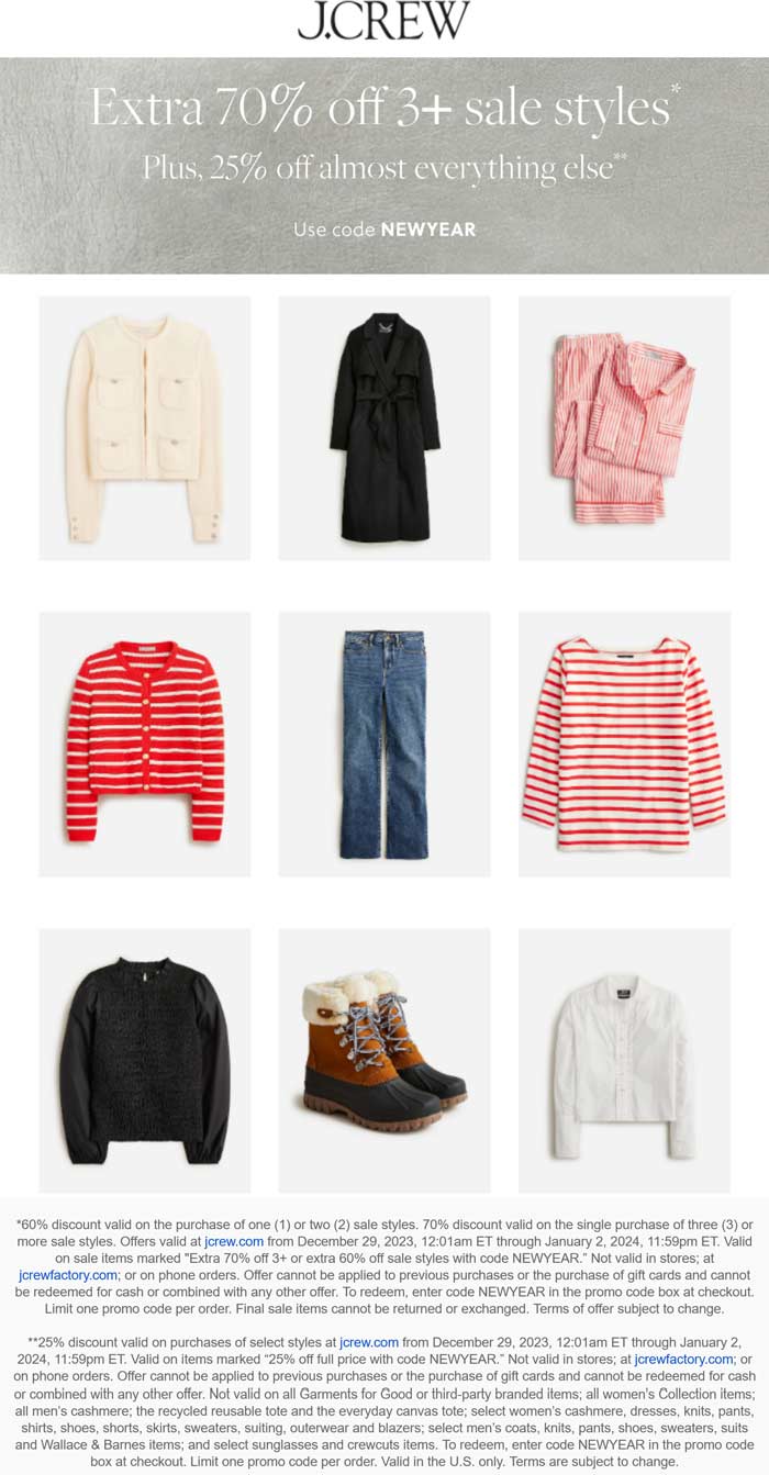 J.Crew stores Coupon  25% off everything & extra 70% off 3+ sale styles at J.Crew via promo code NEWYEAR #jcrew 