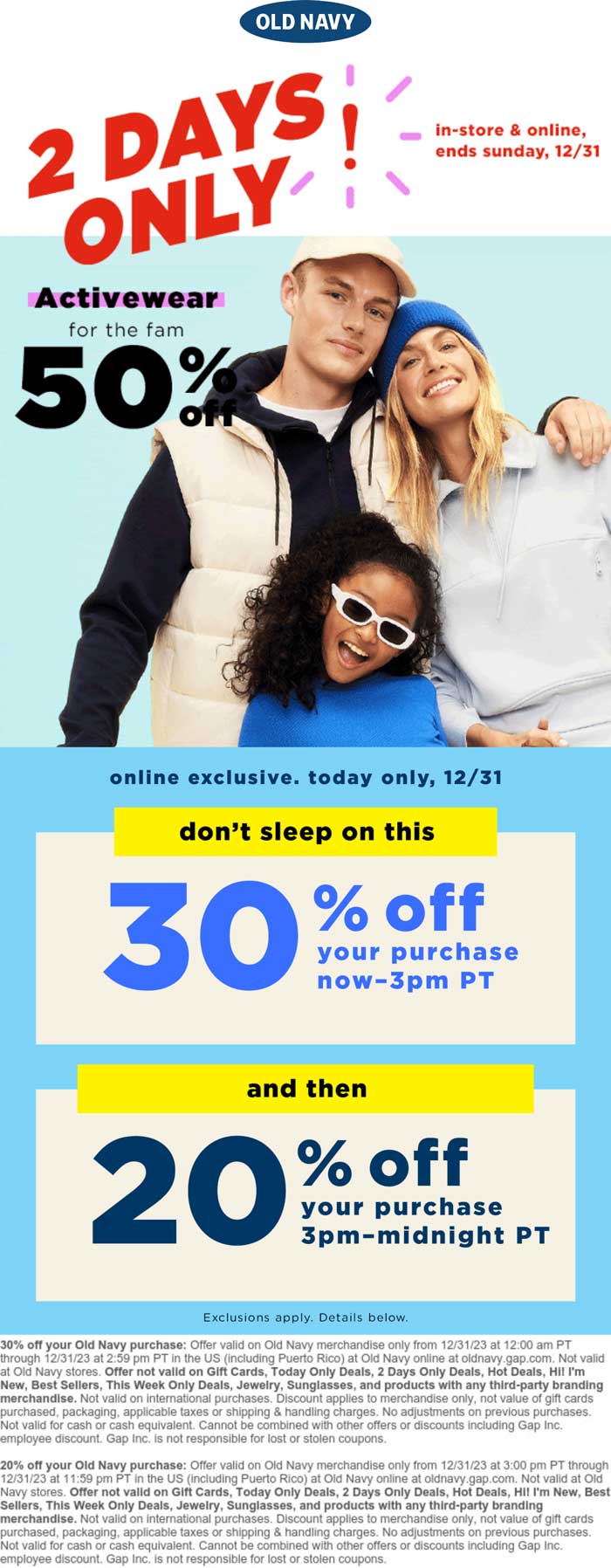 Old Navy stores Coupon  50% off activewear & more today at Old Navy #oldnavy 