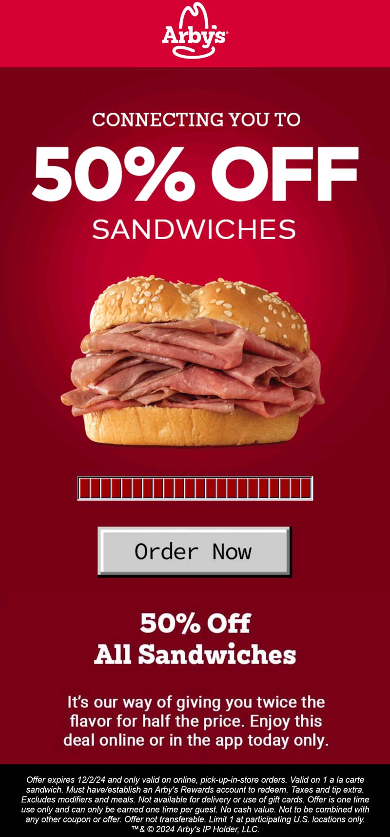 Arbys restaurants Coupon  50% off all sandwiches today at Arbys restaurants #arbys 