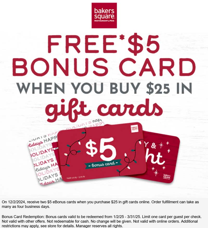 Bakers Square restaurants Coupon  $10 in cards on your $25 card purchase at Bakers Square restaurants #bakerssquare 