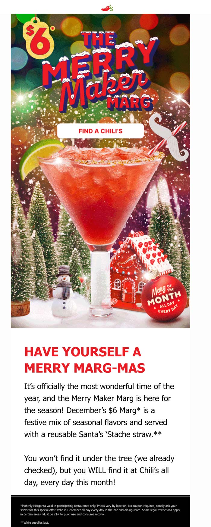 Chilis restaurants Coupon  $6 Merry Maker Margarita drink this month at Chilis #chilis 