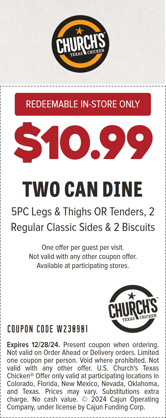 Churchs restaurants Coupon  5pc chicken + 2 sides + 2 biscuits = $11 at Churchs #churchs 