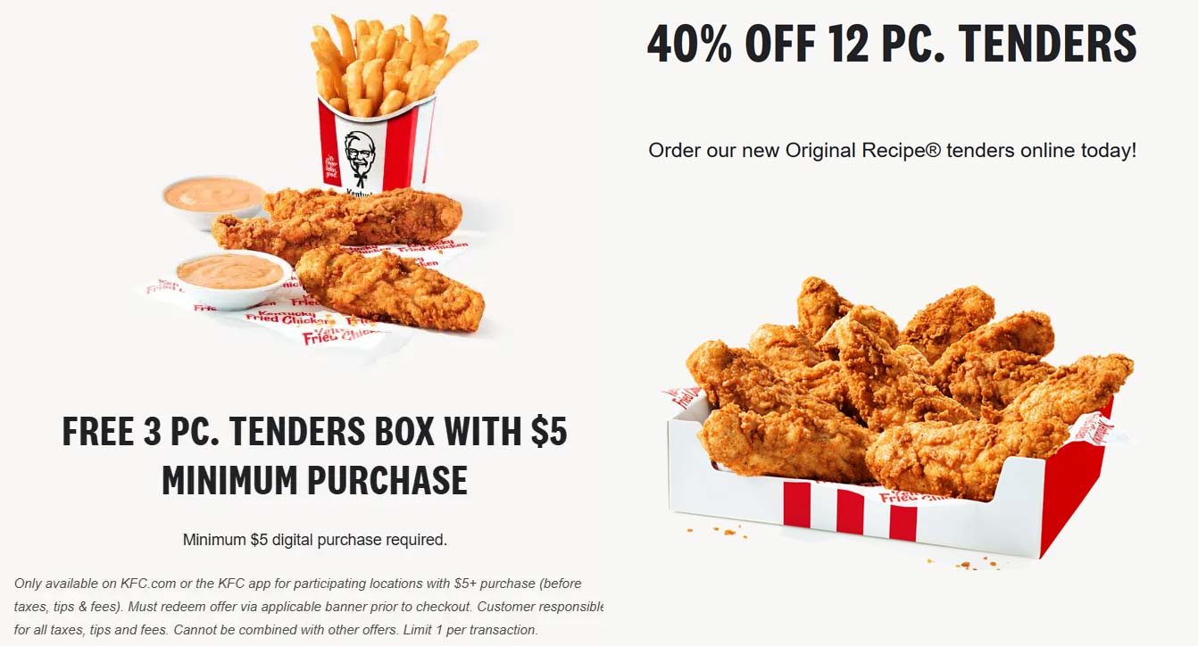 KFC restaurants Coupon  Free 3pc chicken tenders on $5 & more at KFC via promo code KFCTENDERS #kfc 