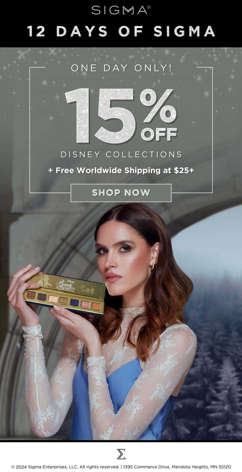 Sigma stores Coupon  15% off Disney collections today at Sigma beauty #sigma 