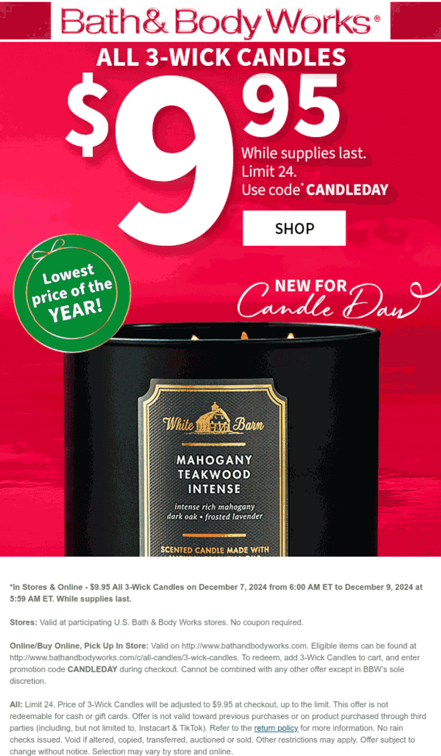 Bath & Body Works stores Coupon  $10 3-wick candles today at Bath & Body Works, or online via promo code CANDLEDAY #bathbodyworks 