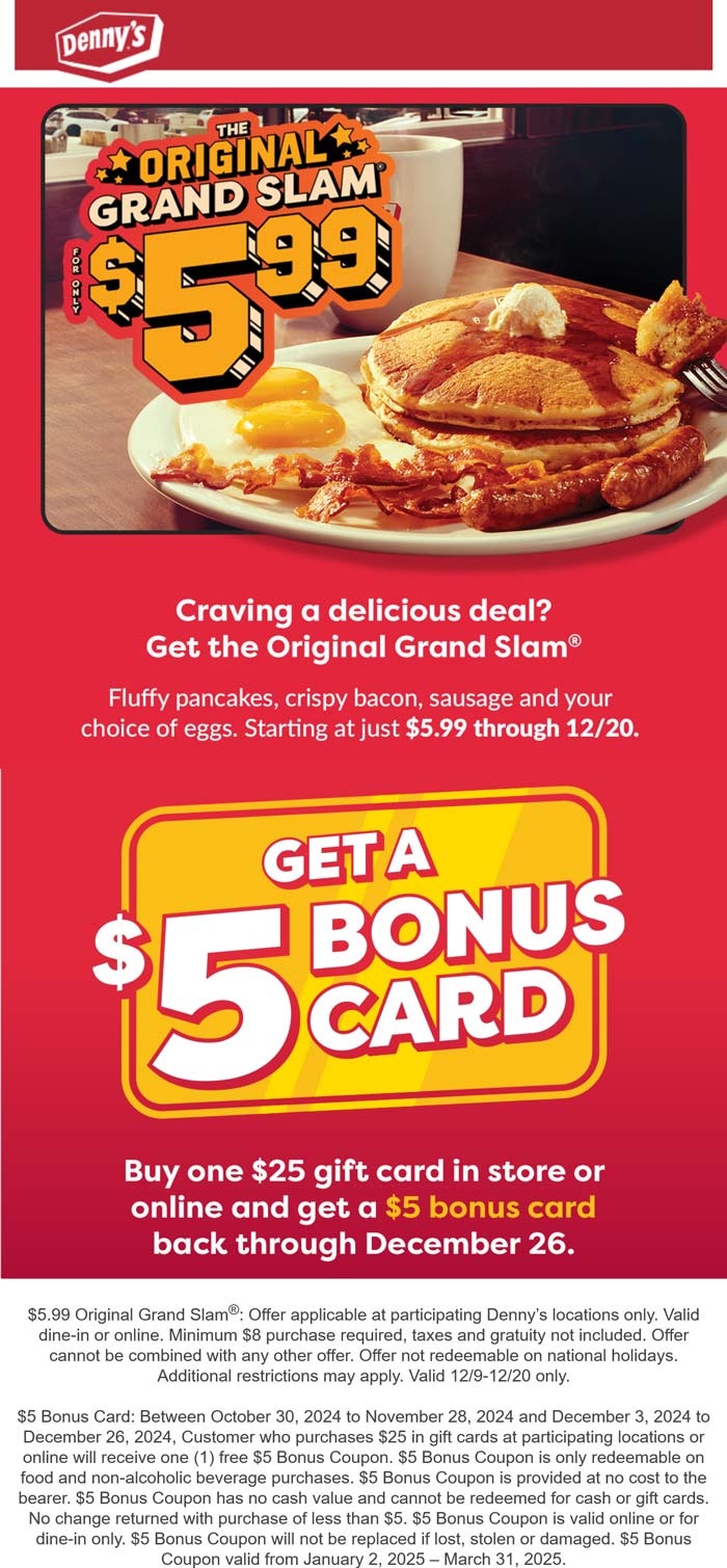 Dennys restaurants Coupon  Grand slam breakfast = $6 at Dennys #dennys 