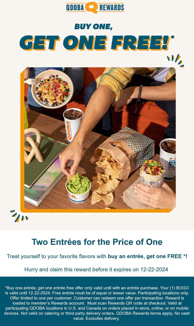 Qdoba restaurants Coupon  Second entree free via login at Qdoba #qdoba 