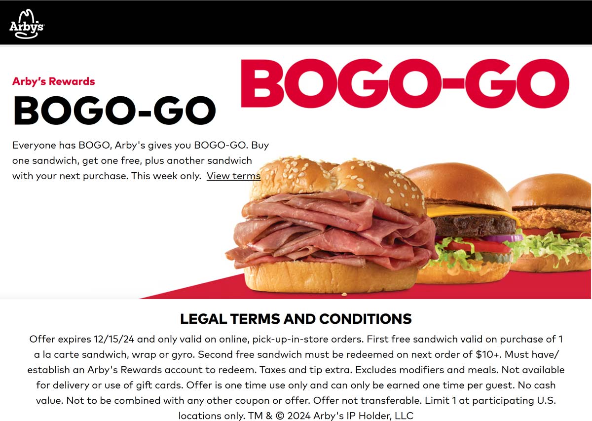 Arbys restaurants Coupon  Second sandwich free online at Arbys #arbys 