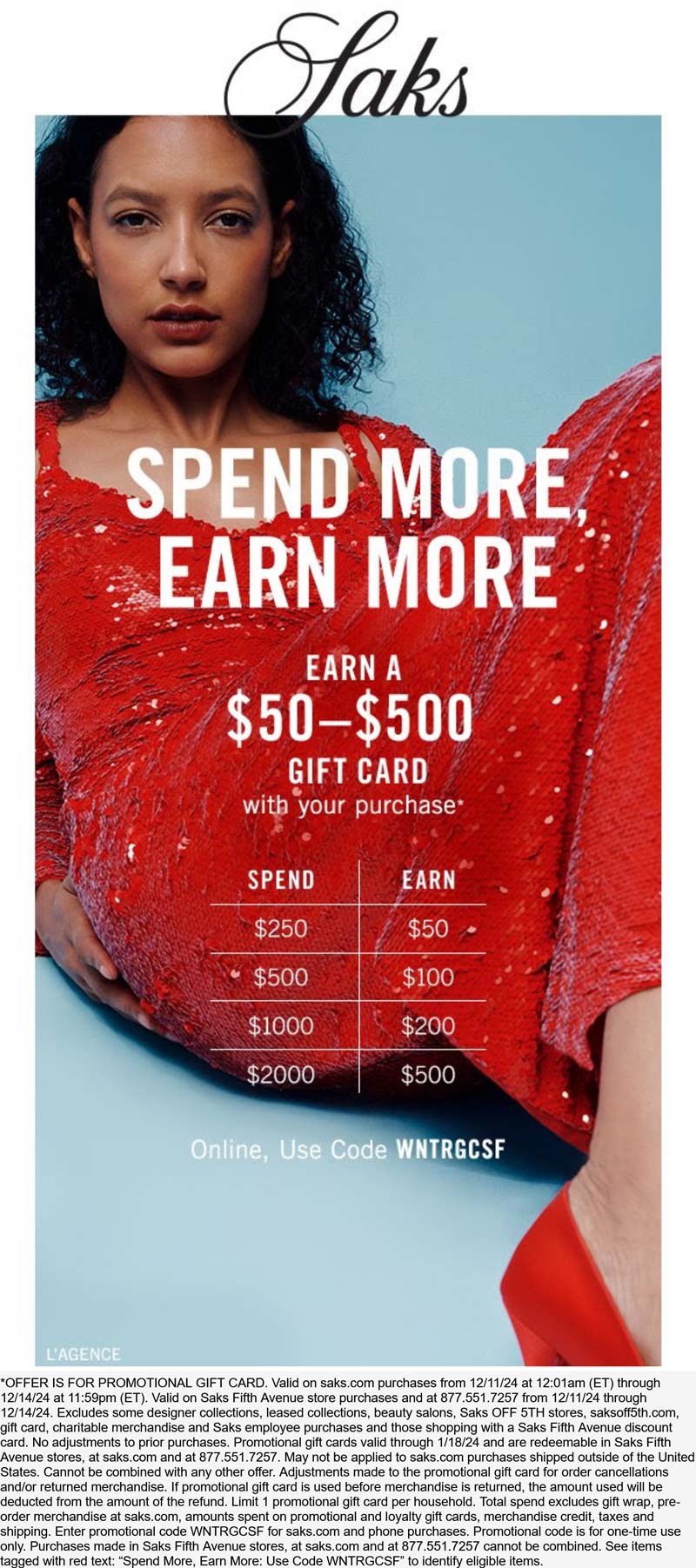 Saks Fifth Avenue stores Coupon  $50 - $500 gift card with your purchase at Saks Fifth Avenue, or online via promo code WNTRGCSF #saksfifthavenue 