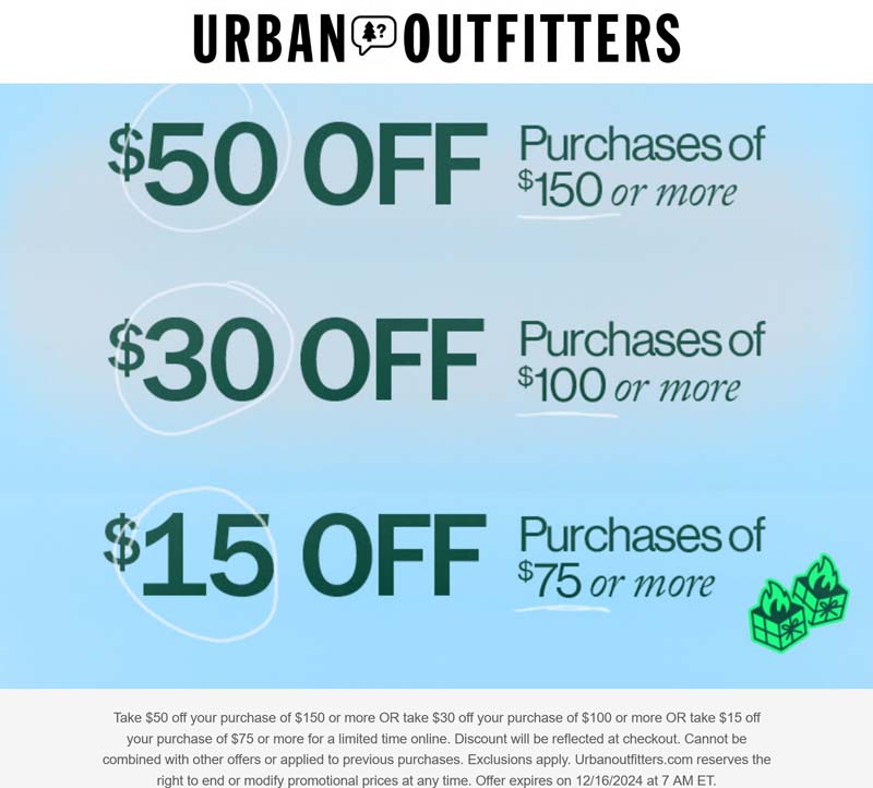 Urban Outfitters stores Coupon  $15-$50 off $75+ today online at Urban Outfitters #urbanoutfitters 