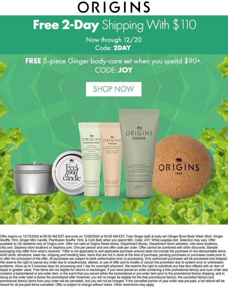 Origins stores Coupon  Free 5pc on $90+ at Origins via promo code 2DAY #origins 