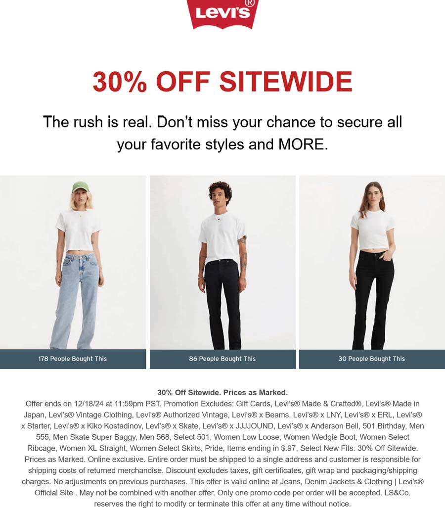 Levis stores Coupon  30% off everything online today at Levis #levis 