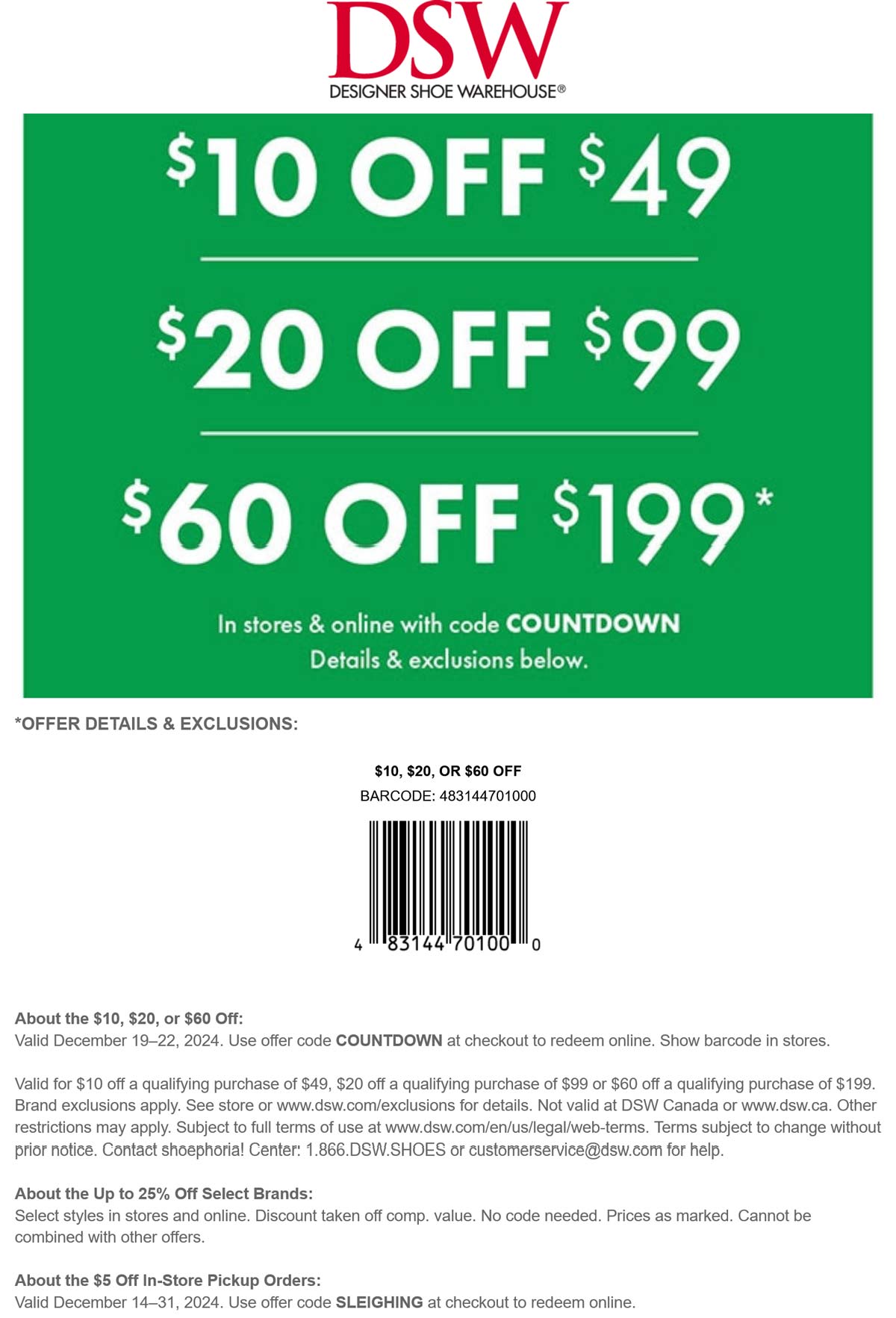 DSW stores Coupon  $10-$60 off $49+ at DSW, or online via promo code COUNTDOWN #dsw 