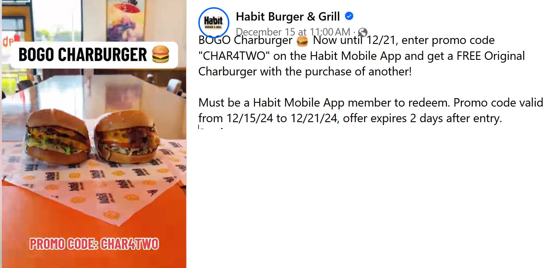 Habit Burger & Grill restaurants Coupon  Second cheeseburger free at Habit Burger & Grill via promo code CHAR4TWO #habitburgergrill 