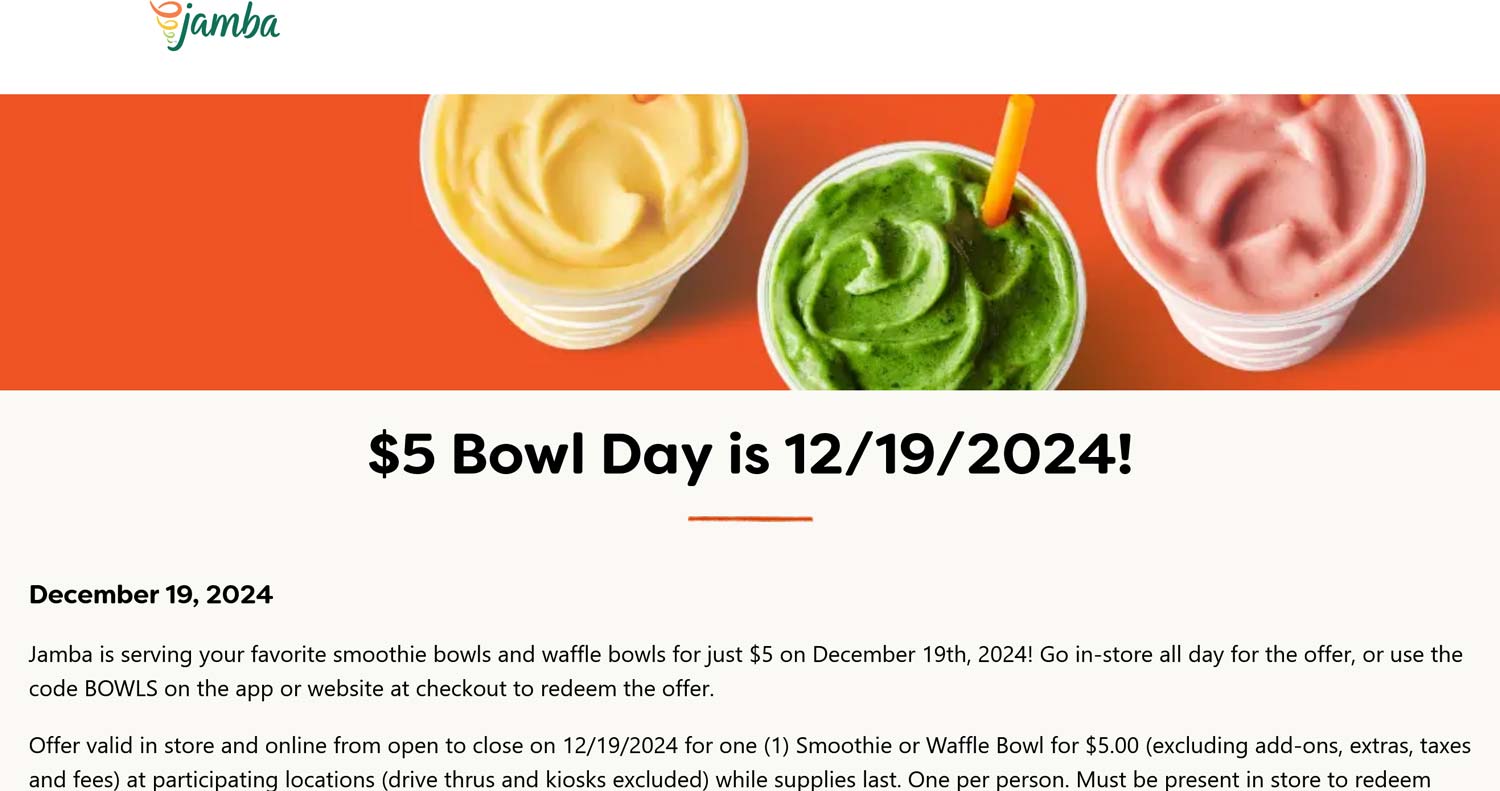 Jamba restaurants Coupon  $5 bowl day today at Jamba juice restaurants #jamba 