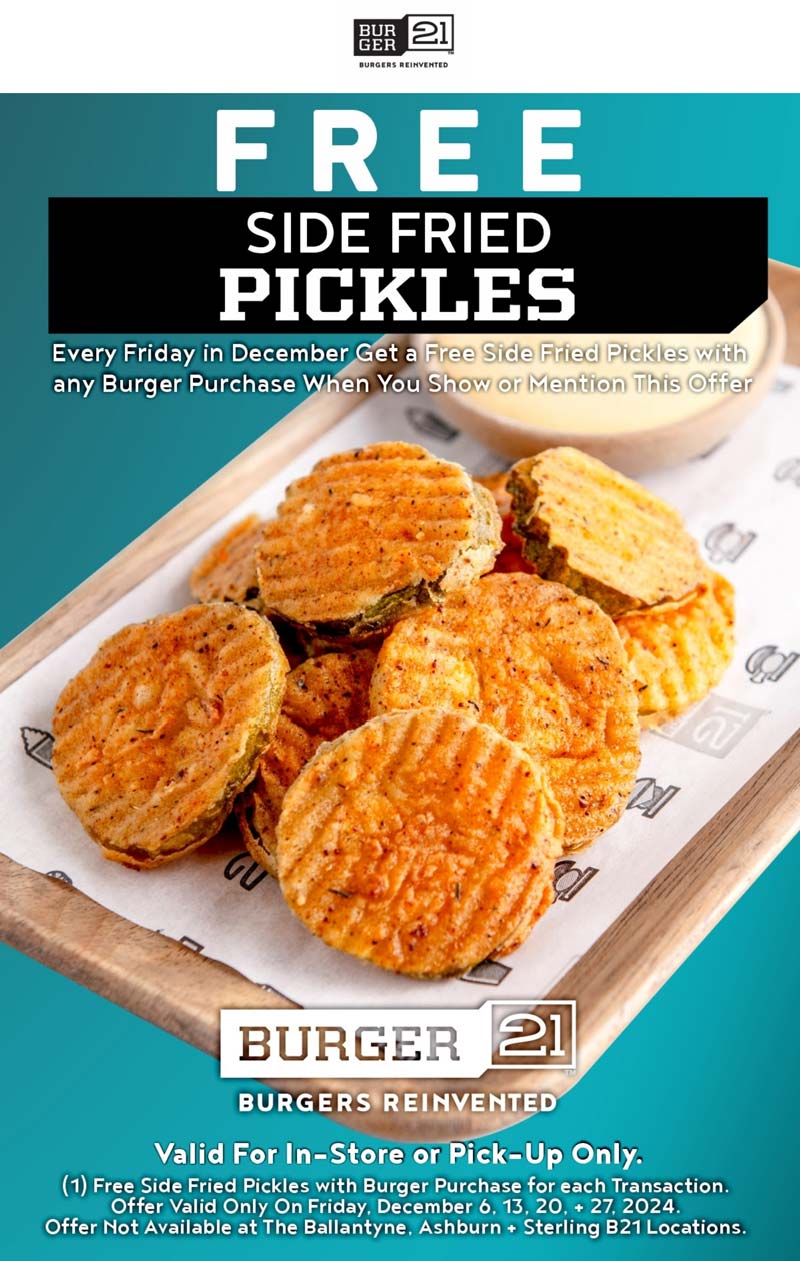 Burger 21 restaurants Coupon  Free fried pickles with your cheeseburger today at Burger 21 #burger21 