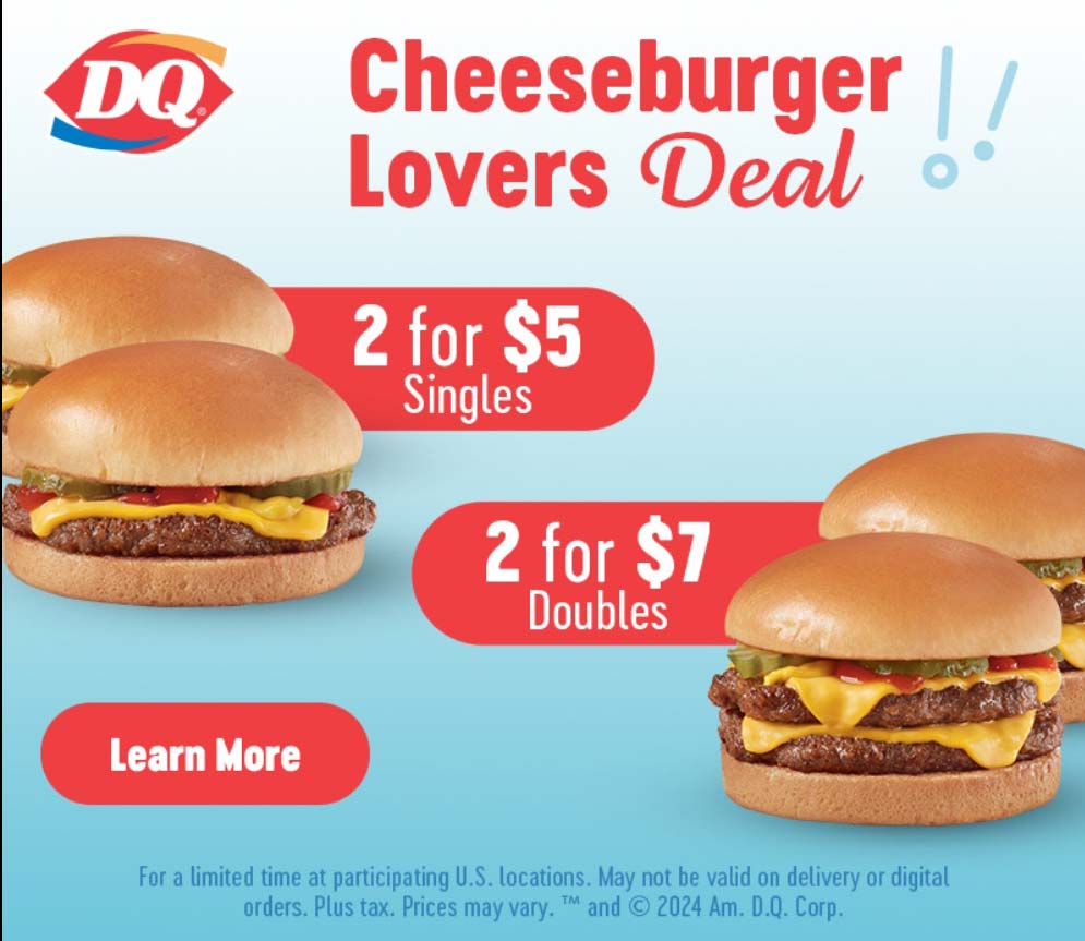 Dairy Queen restaurants Coupon  2 cheeseburgers for $5 & more at Dairy Queen restaurants #dairyqueen 