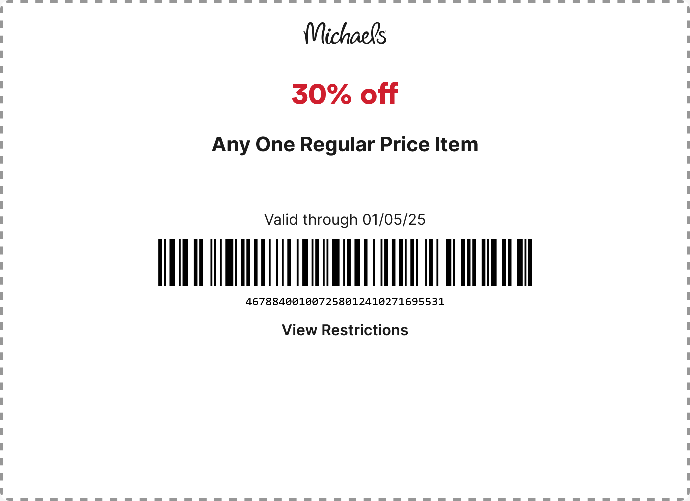 Michaels stores Coupon  30% off a single item at Michaels, or online via promo code DECMIK30 #michaels 