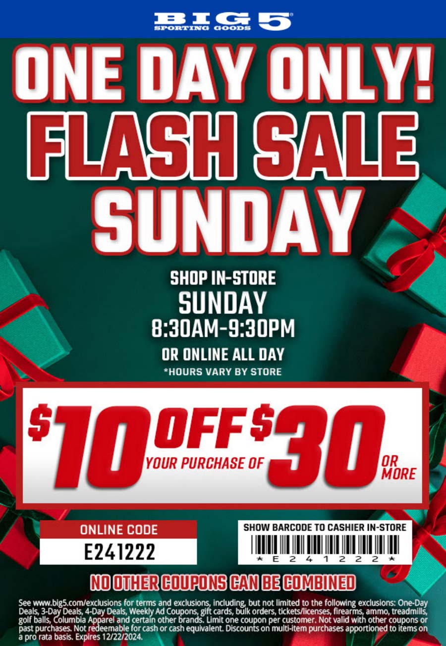 Big 5 stores Coupon  $10 off $30 today at Big 5 sporting goods, or online via promo code E241222 #big5 