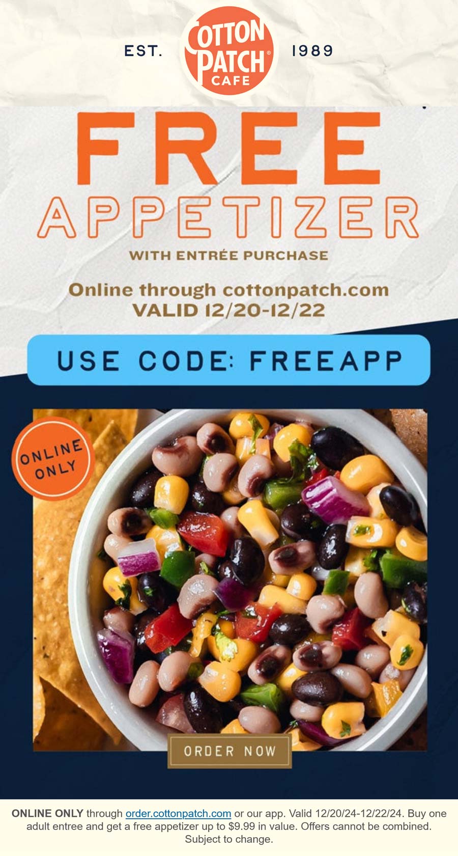 Cotton Patch Cafe restaurants Coupon  Free appetizer with your entree today at Cotton Patch Cafe via promo code FREEAPP #cottonpatchcafe 