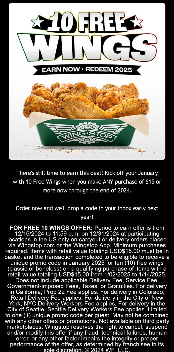 Wingstop restaurants Coupon  10 free chicken wings on followup order at Wingstop #wingstop 