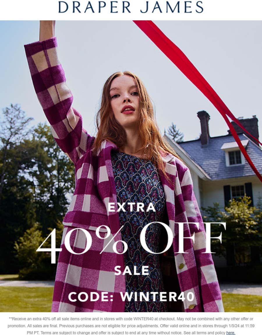 Draper James stores Coupon  Extra 40% off sale items at Draper James, or online via promo code WINTER40 #draperjames 