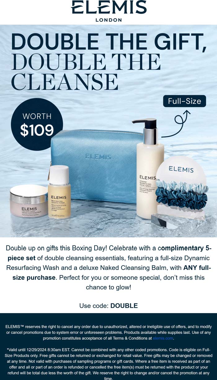 Elemis stores Coupon  Free $109 5pc on any full size at Elemis via promo code DOUBLE #elemis 