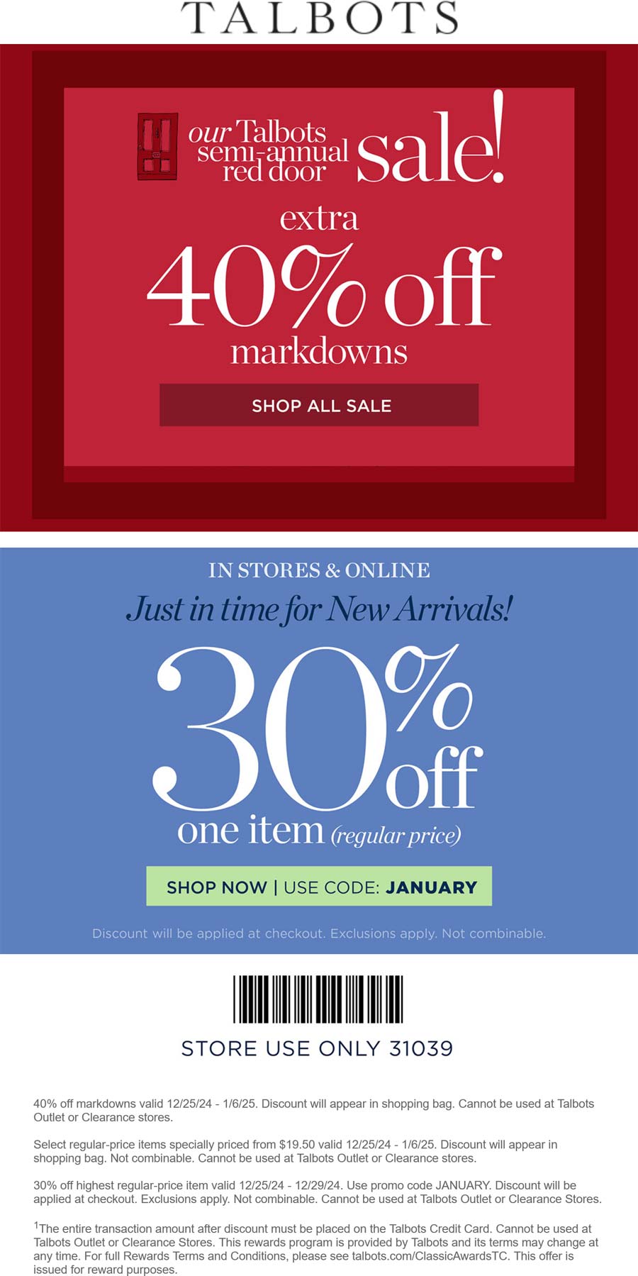 Talbots stores Coupon  Extra 40% off sale items & more at Talbots, or online via promo code JANUARY #talbots 