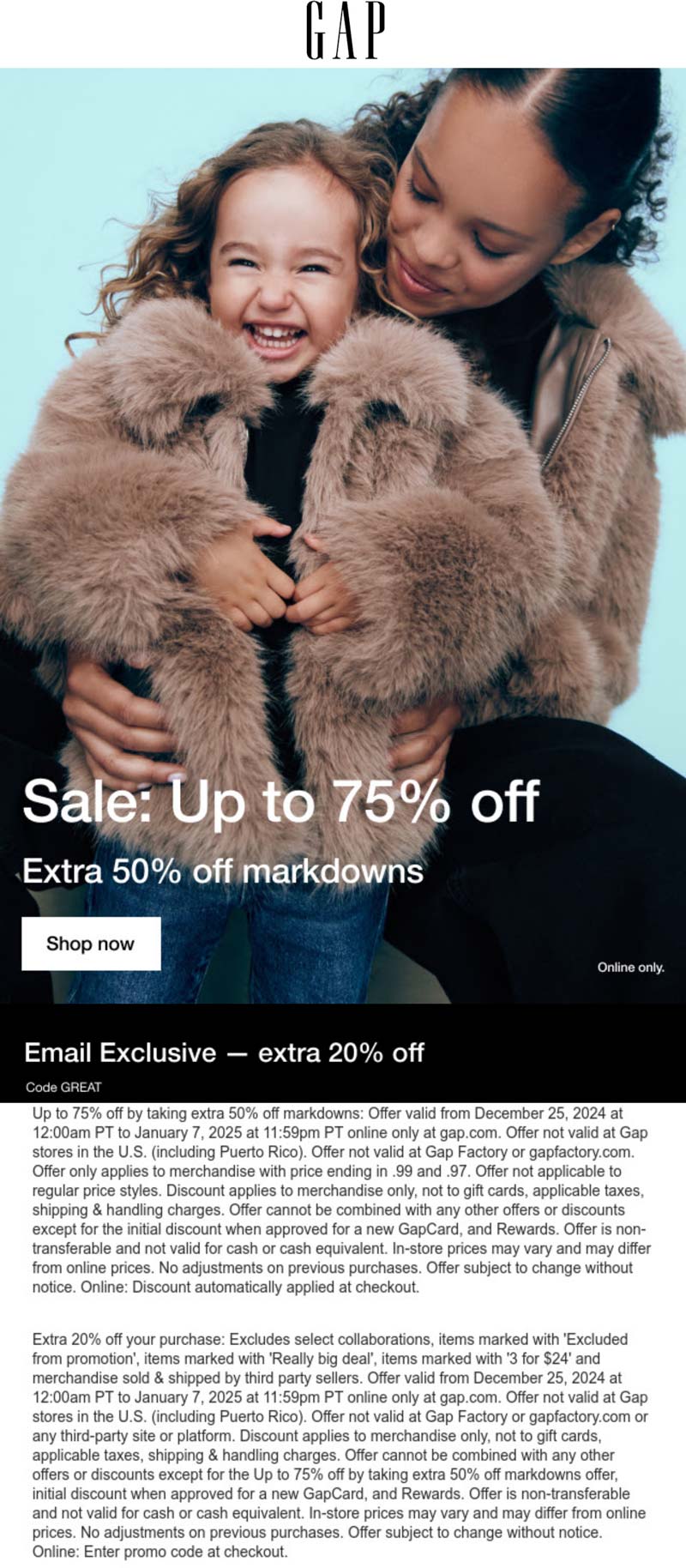 Gap stores Coupon  Extra 20-70% off online at Gap via promo code GREAT #gap 