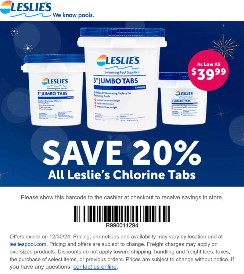 Leslies Pool stores Coupon  20% off chlorine tabs & shock at Leslies Pool #lesliespool 