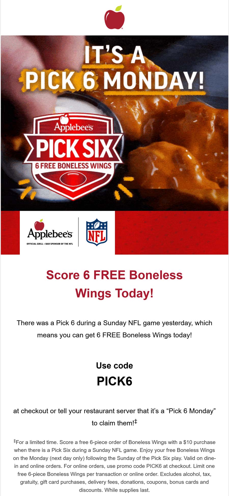 Applebees restaurants Coupon  6 free boneless chicken wings today at Applebees via promo code PICK6 #applebees 