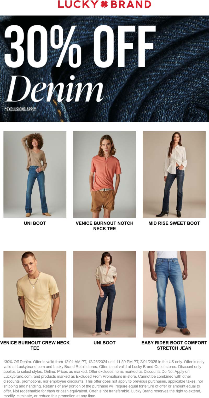 Lucky Brand stores Coupon  30% off denim at Lucky Brand, ditto online #luckybrand 