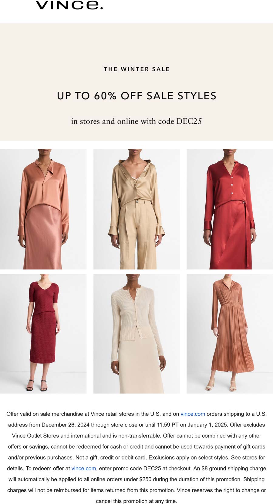 Vince stores Coupon  60% off sale styles at Vince, or online via promo code DEC25 #vince 